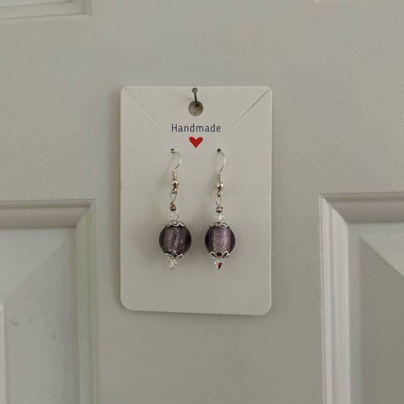 Handmade Purple Earrings with clear Swarovski beads and silver toned accents. - Picture 3 of 3